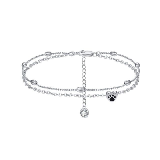 Sterling Silver Circular Shaped Cubic Zirconia Paw & Heart Multi-layered Anklet-4