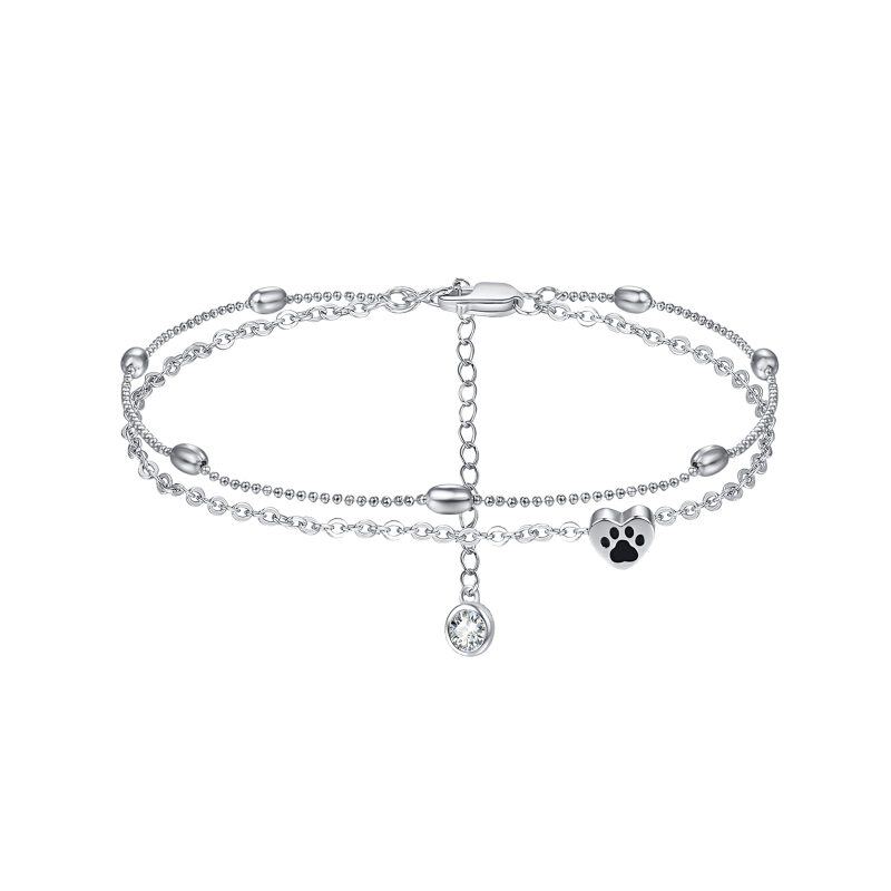 Sterling zilveren rond gevormde cubic zirkonia poot & hart gelaagd enkelbandje-18