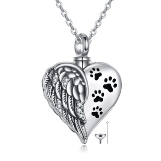 Sterling Silver Circular Shaped Cubic Zirconia Paw & Heart Urn Necklace for Ashes with Engraved Word-22