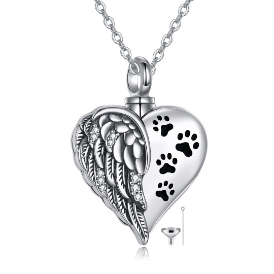 Sterling Silver Circular Shaped Cubic Zirconia Paw & Heart Urn Necklace for Ashes with Engraved Word