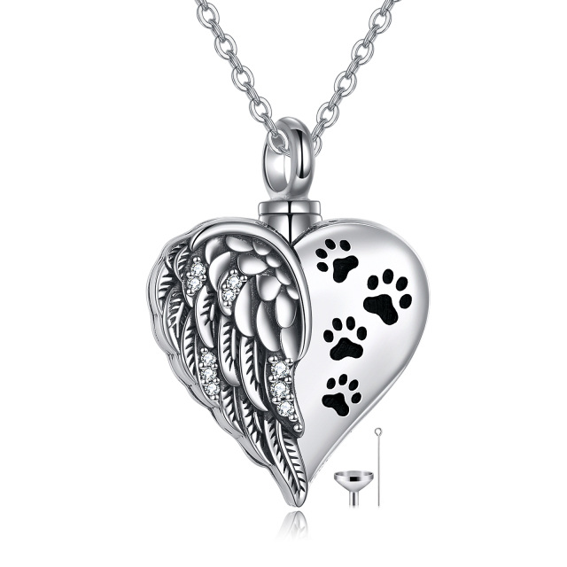 Sterling Silver Circular Shaped Cubic Zirconia Paw & Heart Urn Necklace for Ashes with Engraved Word-2