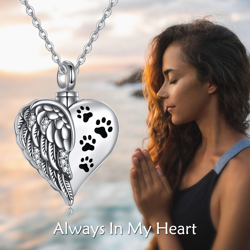 Sterling Silver Circular Shaped Cubic Zirconia Paw & Heart Urn Necklace for Ashes with Engraved Word-6