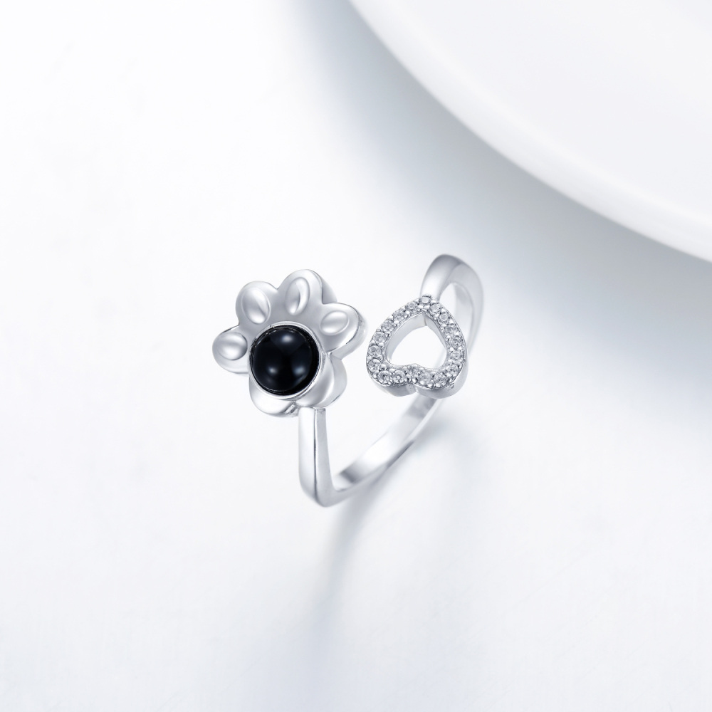 Sterling Silver Round Shaped Cubic Zirconia Paw & Heart Urn Ring-3