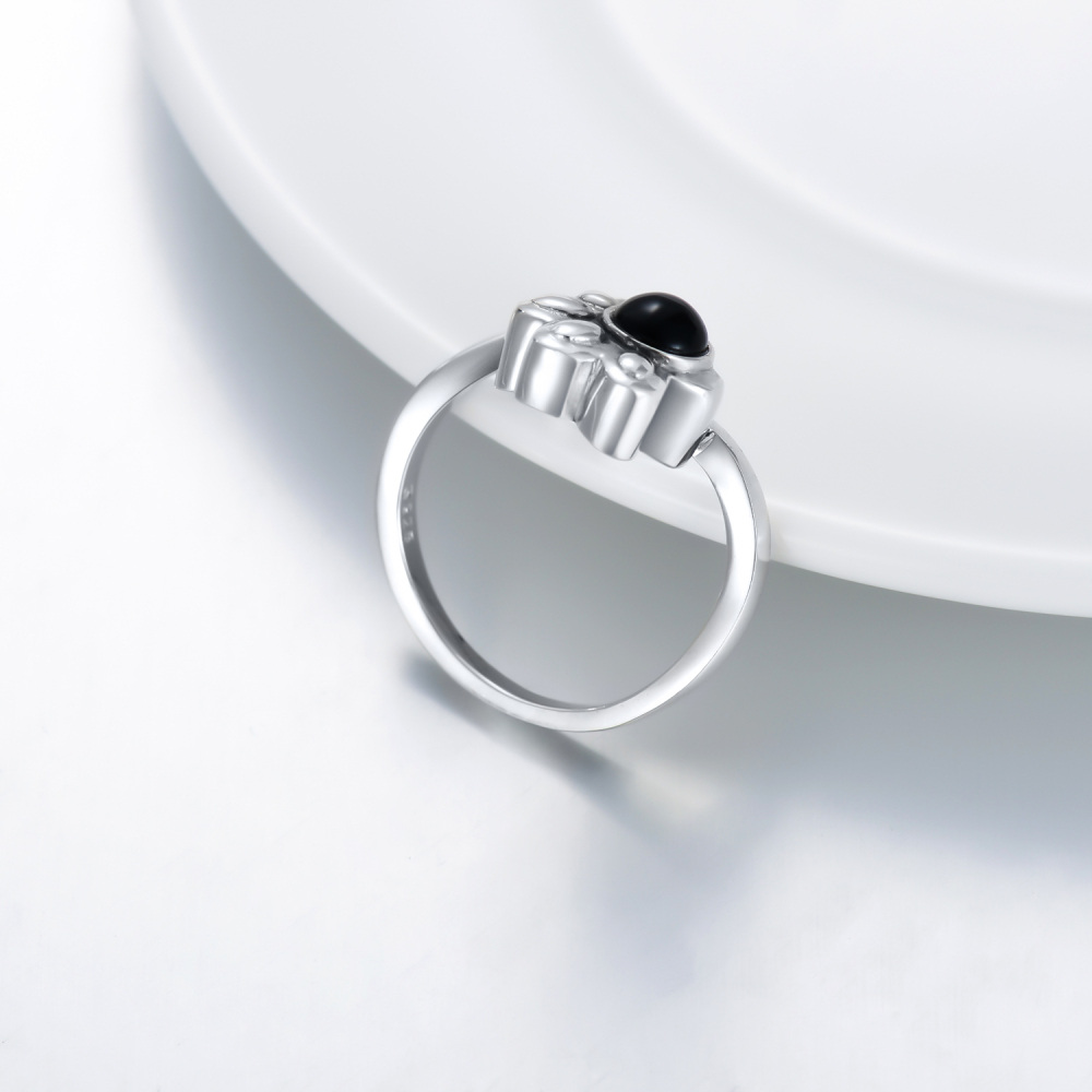 Sterling Silver Round Shaped Cubic Zirconia Paw & Heart Urn Ring-4