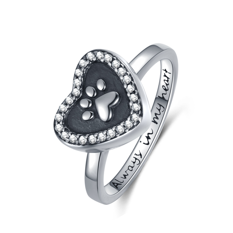 Anillo Urna con Forma Redonda de Plata Esterlina, Circonia Cúbica en Forma de Pata y Corazón, con Palabra Grabada-1
