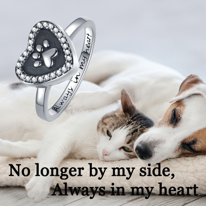Sterling Silver Round Shaped Cubic Zirconia Paw & Heart Urn Ring with Engraved Word-5