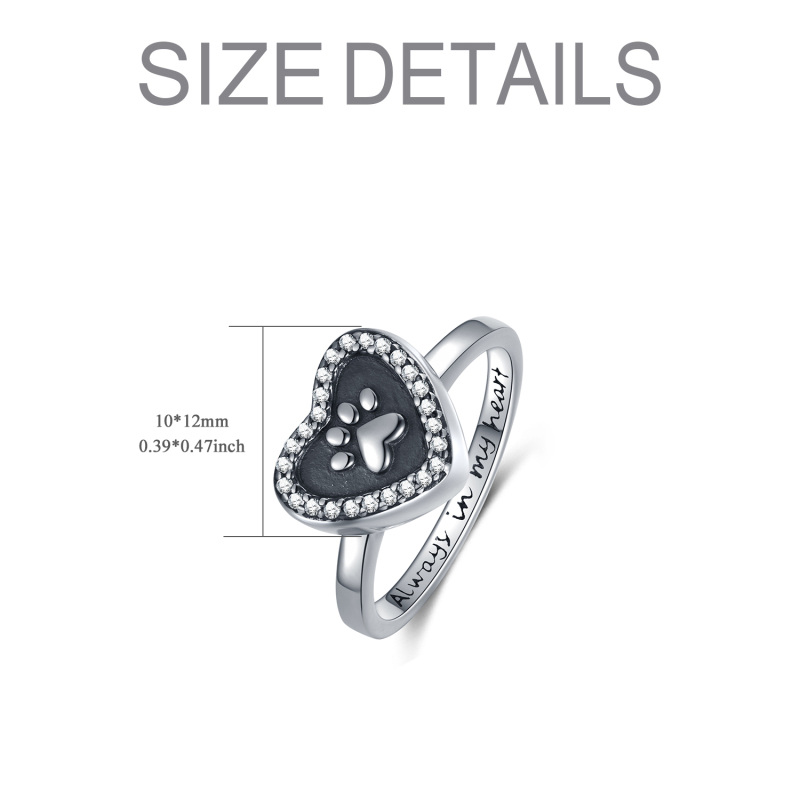 Sterling Silver Round Shaped Cubic Zirconia Paw & Heart Urn Ring with Engraved Word-6