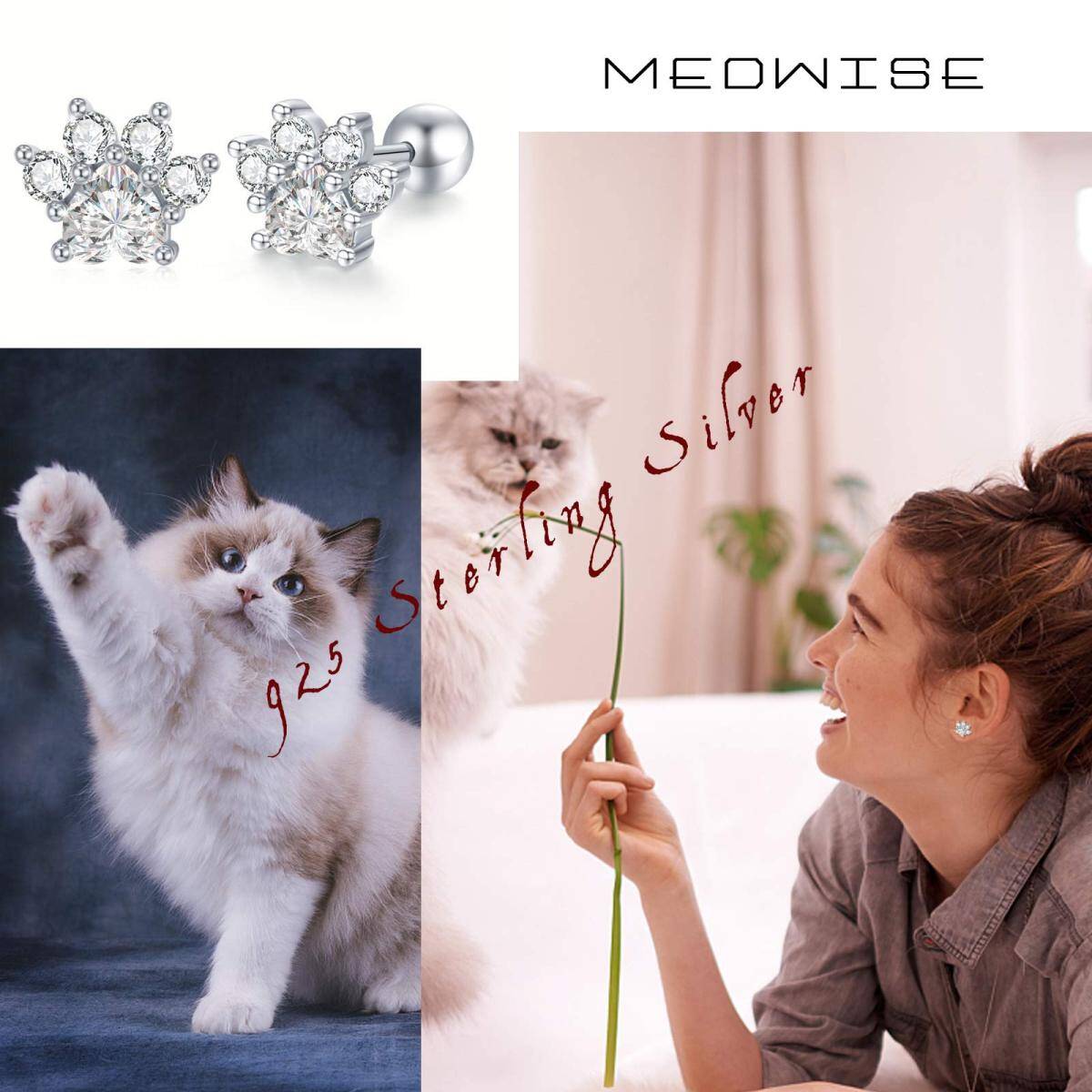 Sterling Silver Circular Shaped Cubic Zirconia Paw Stud Earrings-4