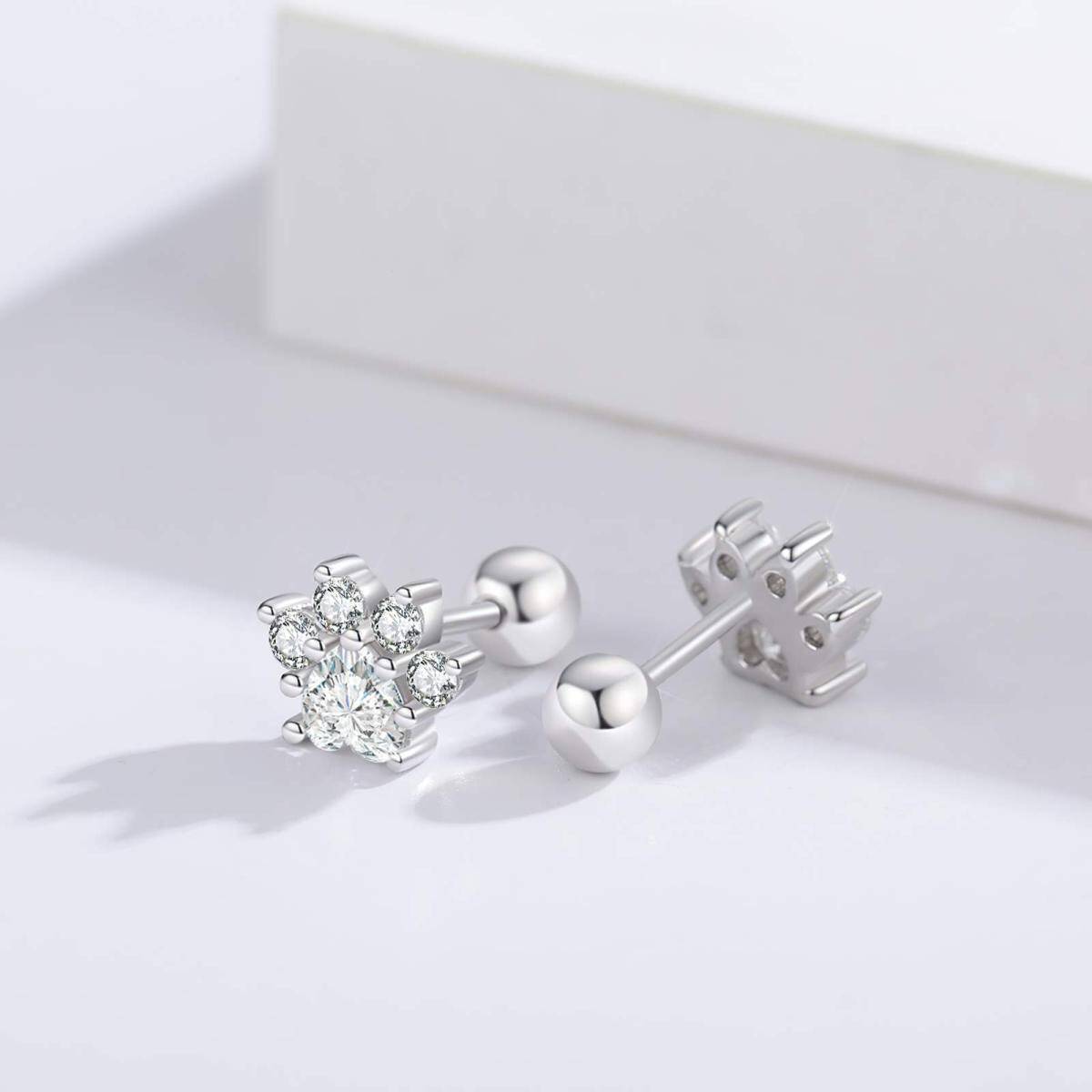 Sterling Silver Circular Shaped Cubic Zirconia Paw Stud Earrings-6