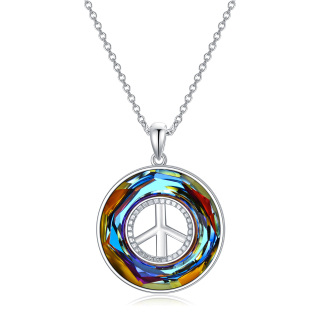 Sterling Silver Circular Shaped Peace Symbol Crystal Pendant Necklace-56