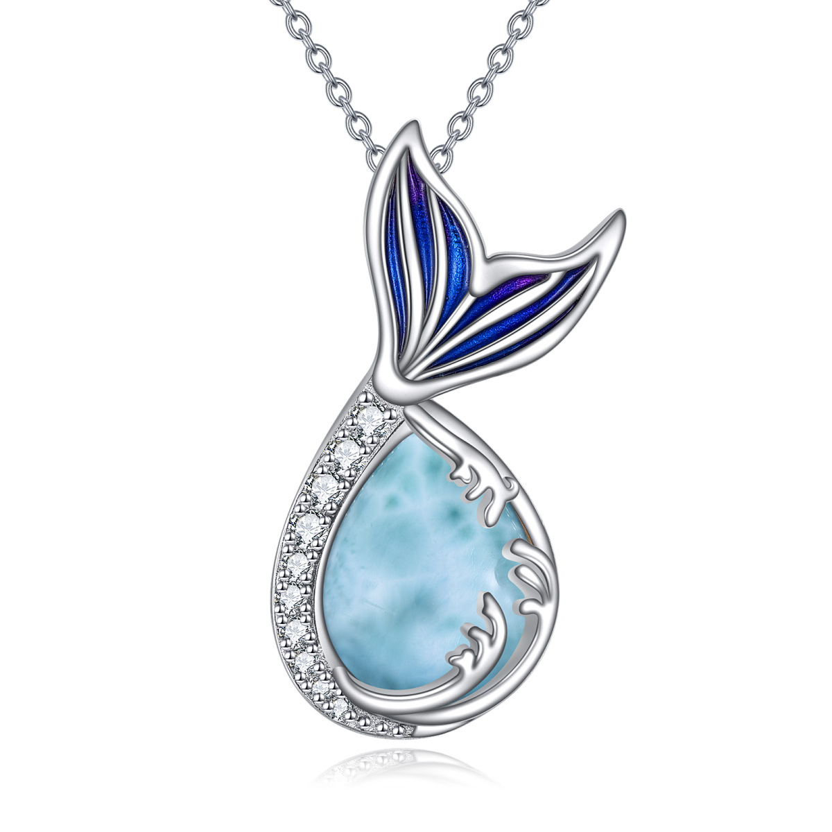 Sterling Silver Circular Shaped & Pear Shaped Cubic Zirconia & Lalimar Stone Mermaid Tail Pendant Necklace-1