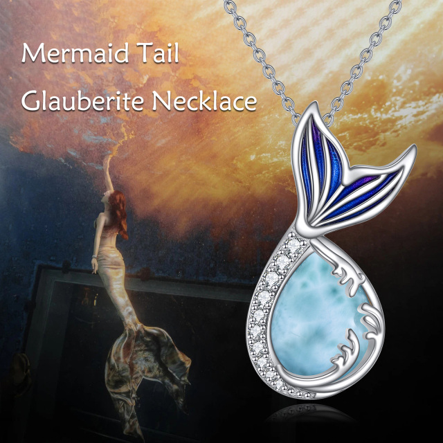 Sterling Silver Circular Shaped & Pear Shaped Cubic Zirconia & Lalimar Stone Mermaid Tail Pendant Necklace-6