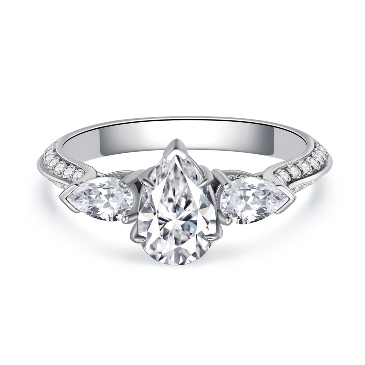 Sterling Silver Three-Stone Set Pear Oval Cut Moissanite Engagement Ring For Her-2