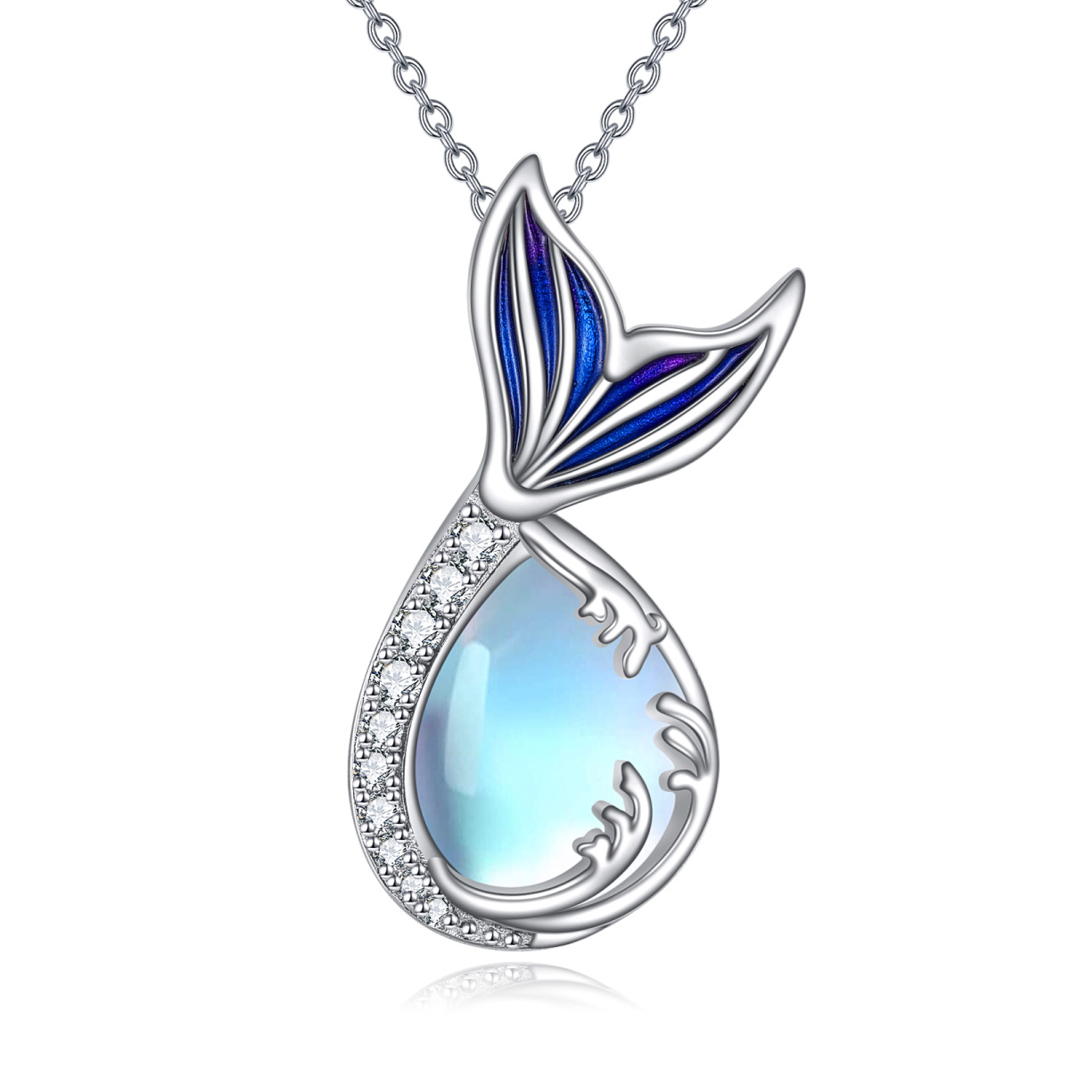 Sterling Silver Circular Shaped & Pear Shaped Cubic Zirconia & Moonstone Mermaid Tail Pendant Necklace-1