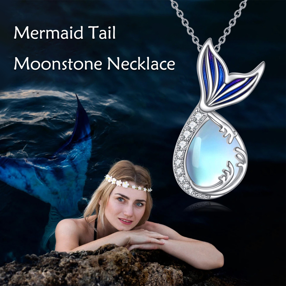 Sterling Silver Circular Shaped & Pear Shaped Cubic Zirconia & Moonstone Mermaid Tail Pendant Necklace-6