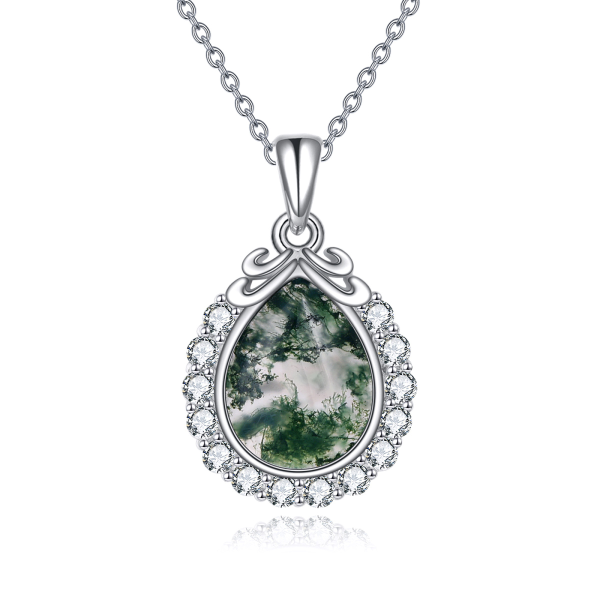 Sterling Silver Circular Shaped & Pear Shaped Cubic Zirconia & Moss Agate Filigree Pendant Necklace-1