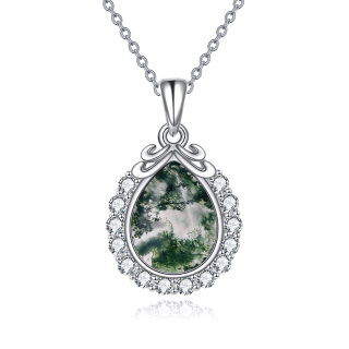 Sterling Silver Pear Moss Agate Filigree Pendant Necklace For Women-2