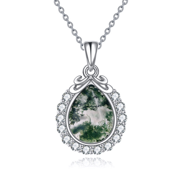 Sterling Silver Circular Shaped & Pear Shaped Cubic Zirconia & Moss Agate Filigree Pendant Necklace