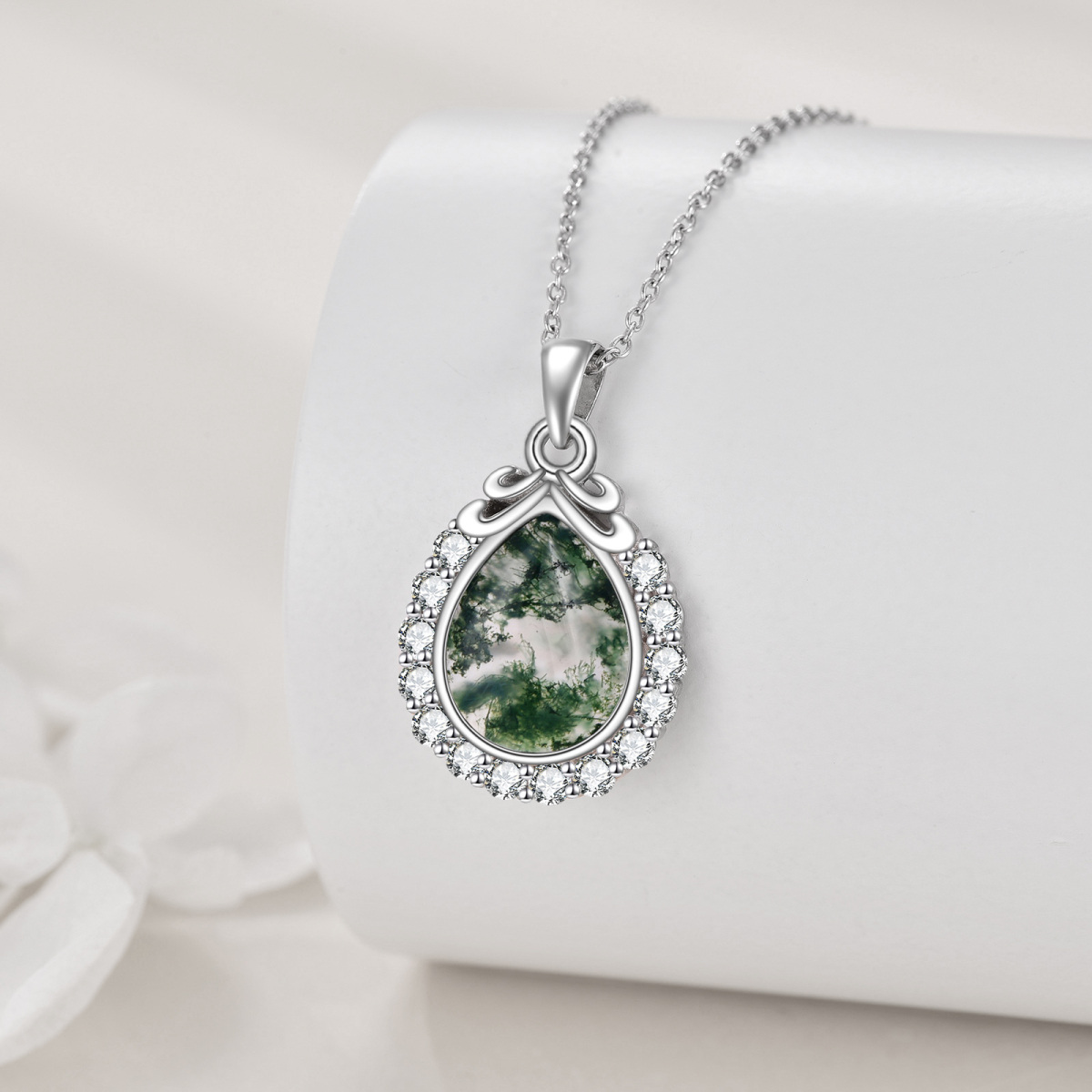 Sterling Silver Pear Moss Agate Filigree Pendant Necklace For Women-3