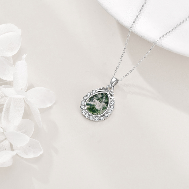 Sterling Silver Circular Shaped & Pear Shaped Cubic Zirconia & Moss Agate Filigree Pendant Necklace-4