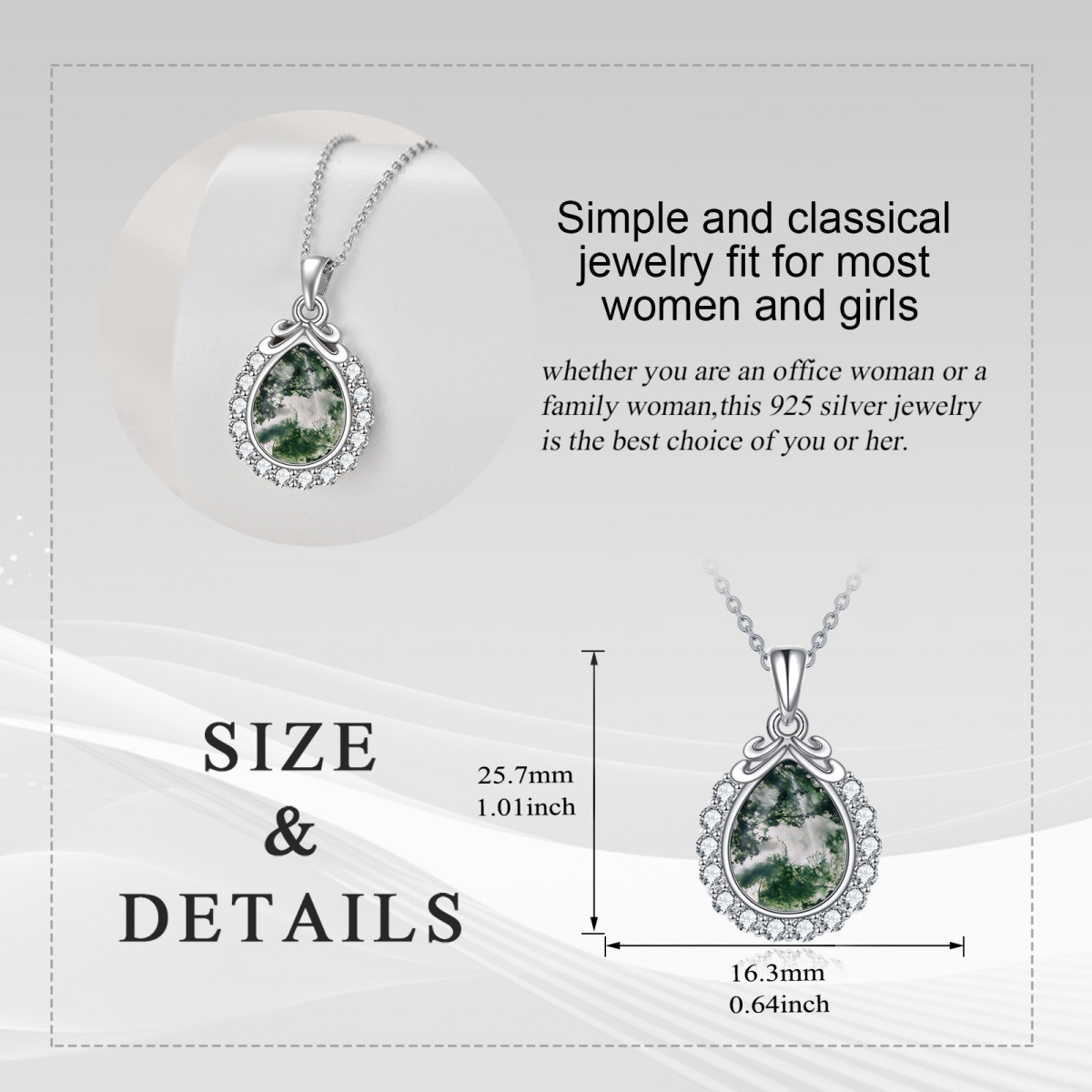 Sterling Silver Pear Moss Agate Filigree Pendant Necklace For Women-5