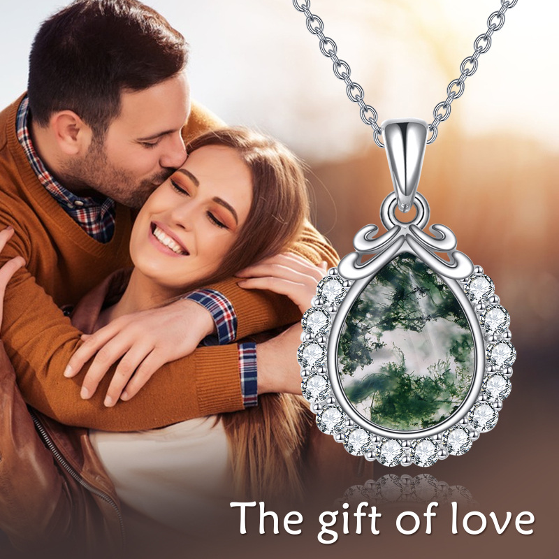 Collar con colgante de filigrana de ágata musgo y pera de plata de ley para mujer-6