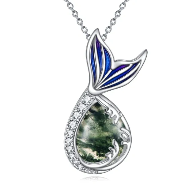 Collana con ciondolo a coda di sirena in argento sterling a forma circolare e a forma di pera con zirconi e agata muschiata