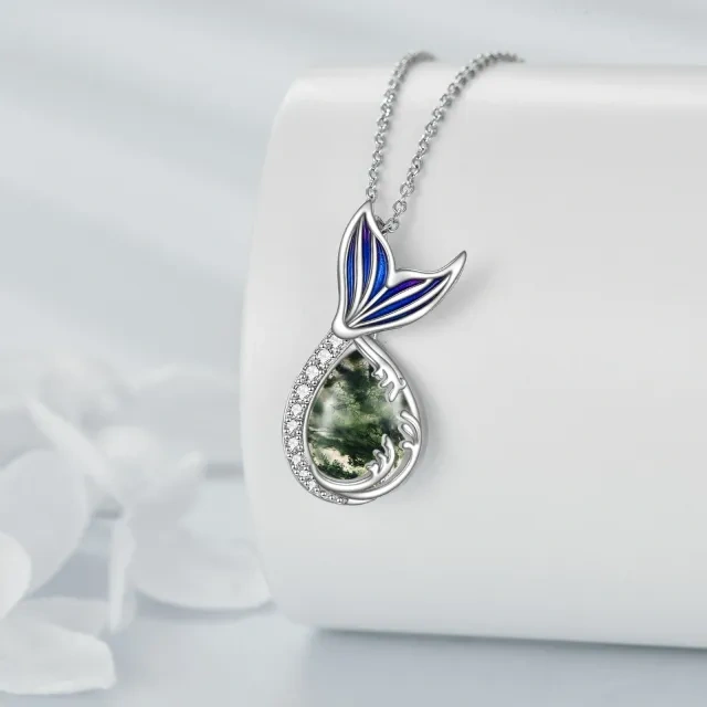 Sterling Silver Circular Shaped & Pear Shaped Cubic Zirconia & Moss Agate Mermaid Tail Pendant Necklace-3