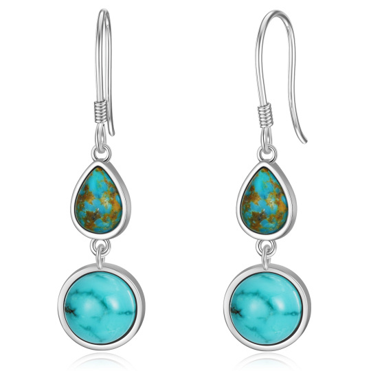 Sterling Silver Circular Shaped & Pear Shaped Turquoise Drop Earrings