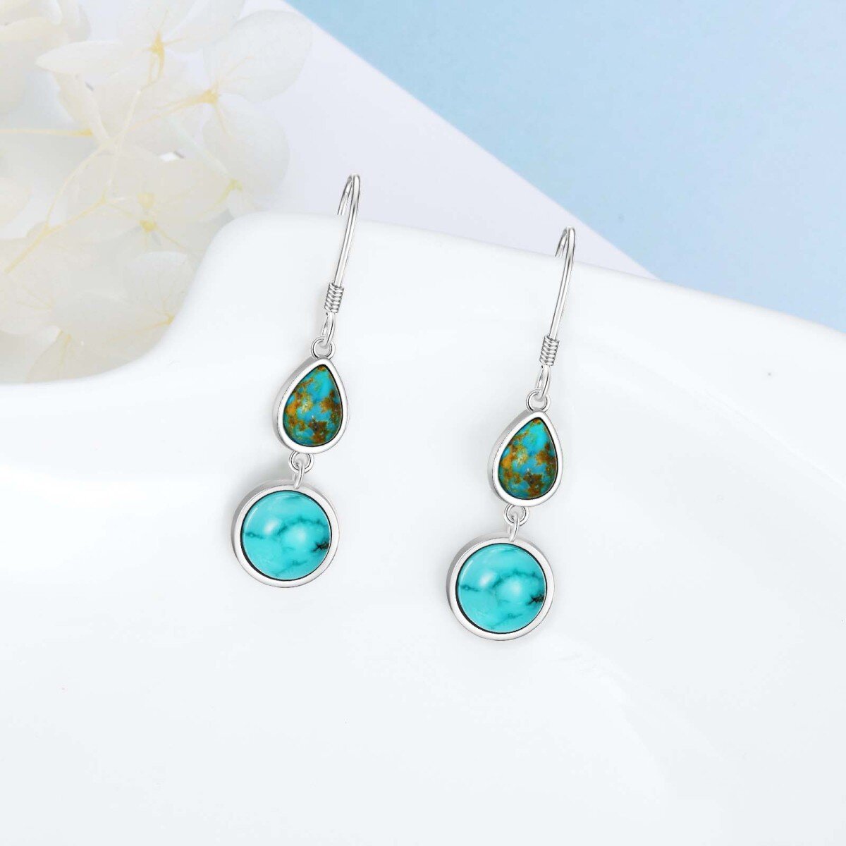 Sterling Silver Circular & Pear Turquoise Drop Earrings For Women-3