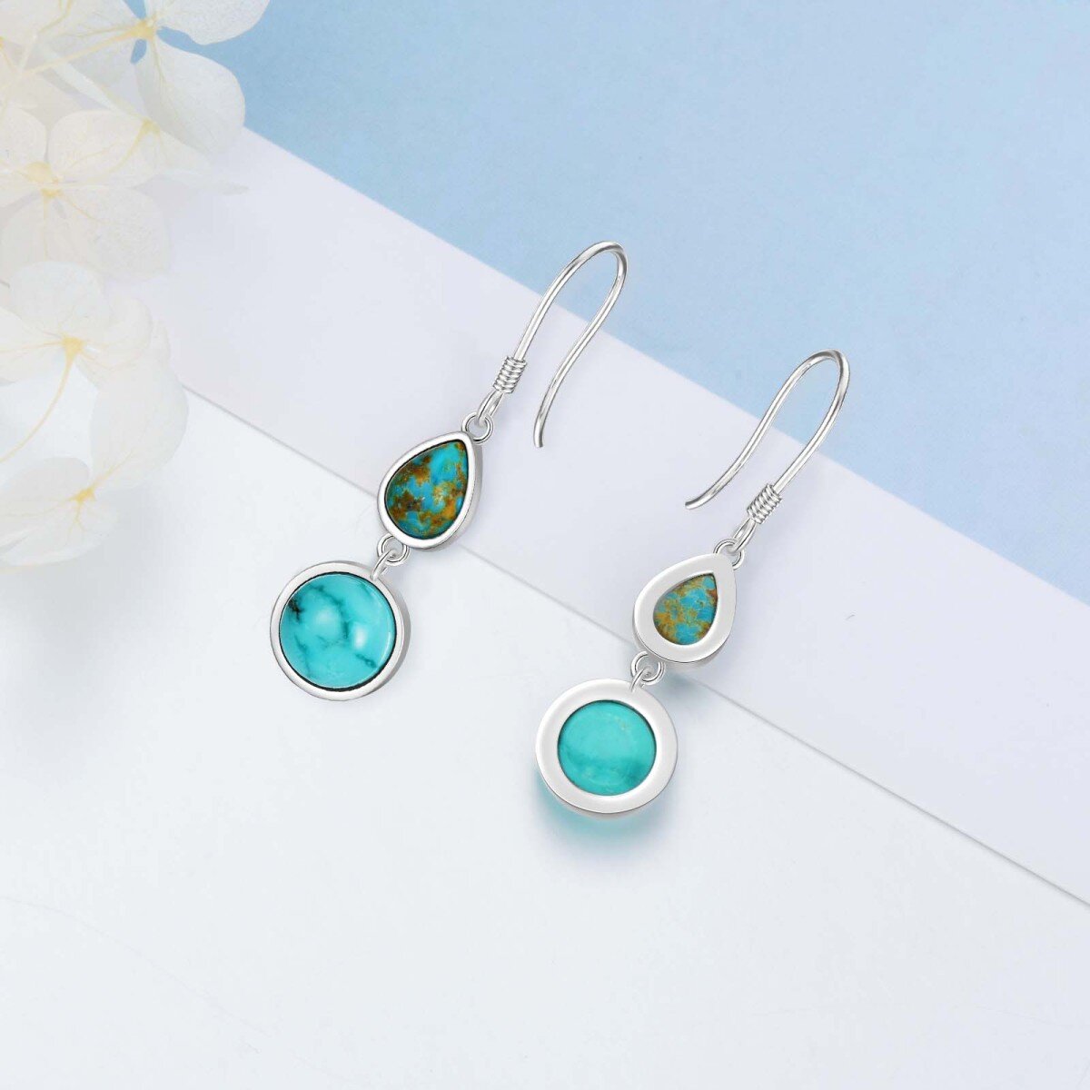 Sterling Silver Circular & Pear Turquoise Drop Earrings For Women-4