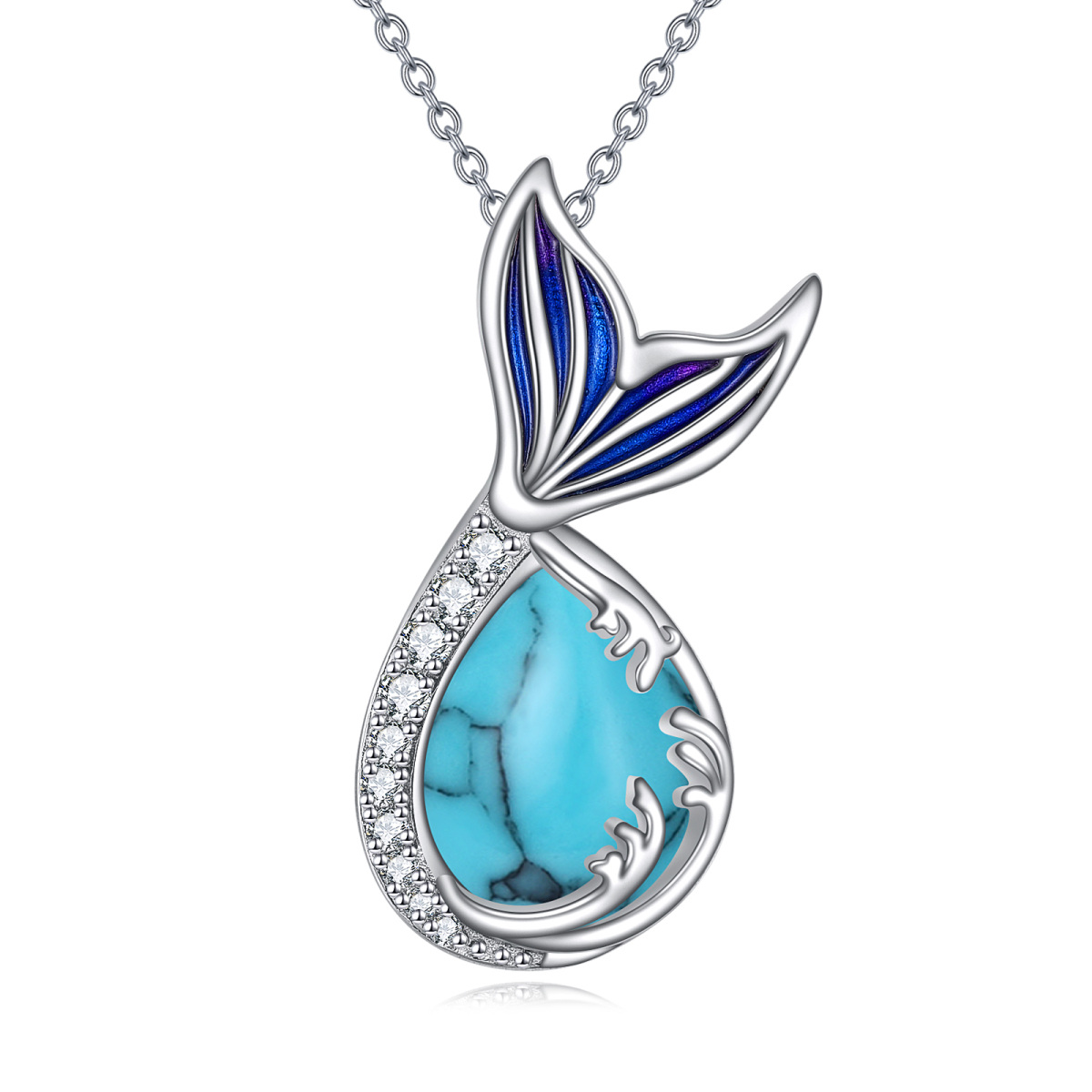 Sterling Silver Circular Shaped & Pear Shaped Cubic Zirconia & Turquoise Mermaid Tail Pendant Necklace-1