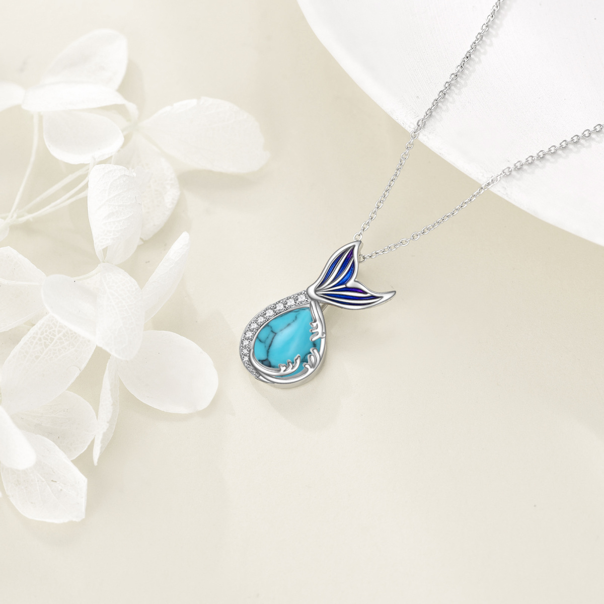 Sterling Silver Circular Shaped & Pear Shaped Cubic Zirconia & Turquoise Mermaid Tail Pendant Necklace-3