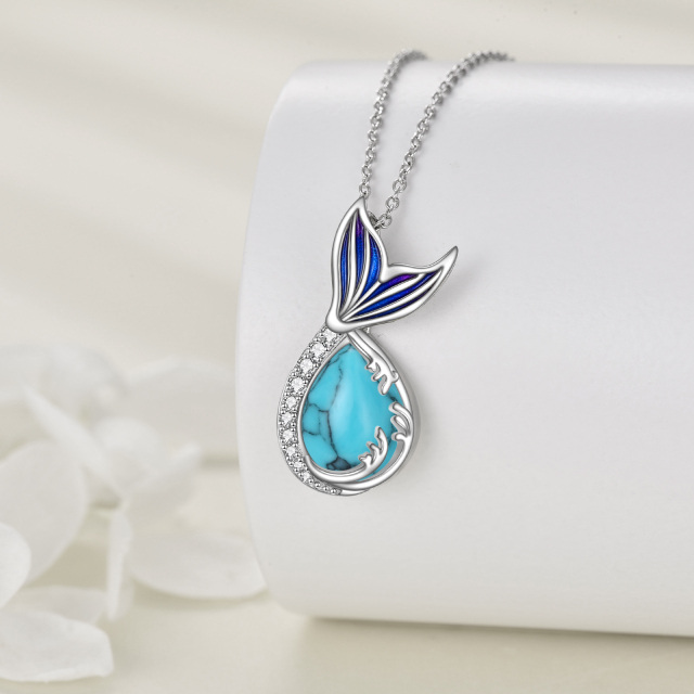 Sterling Silver Circular Shaped & Pear Shaped Cubic Zirconia & Turquoise Mermaid Tail Pendant Necklace-4