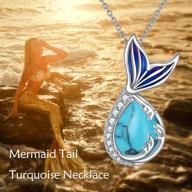 Sterling Silver Circular Shaped & Pear Shaped Cubic Zirconia & Turquoise Mermaid Tail Pendant Necklace-6