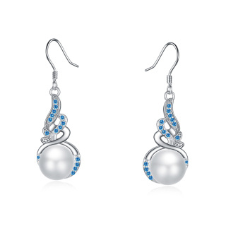 Sterling Silver Circular Shaped Cubic Zirconia & Pearl Angel Wings Drop Earrings-55