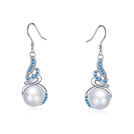 Sterling Silver Circular Shaped Cubic Zirconia & Pearl Angel Wings Drop Earrings