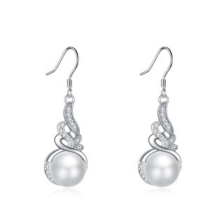 Sterling Silver Circular Shaped Cubic Zirconia & Pearl Angel Wings Drop Earrings-13