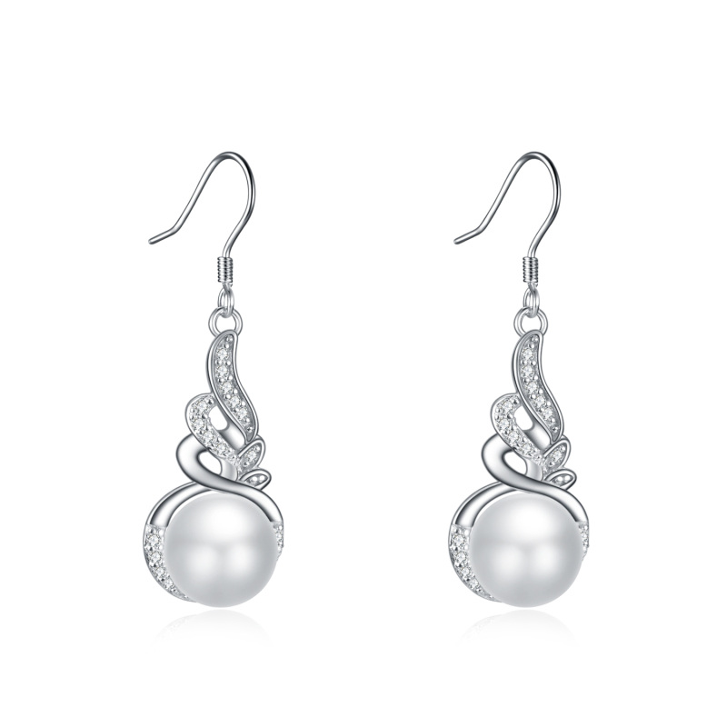 Sterling Silver Circular Shaped Cubic Zirconia & Pearl Angel Wings Drop Earrings-4