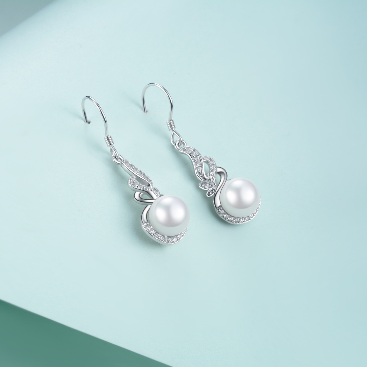 Sterling Silber kreisförmig Cubic Zirkonia & Perle Engelsflügel Tropfen Ohrringe-3