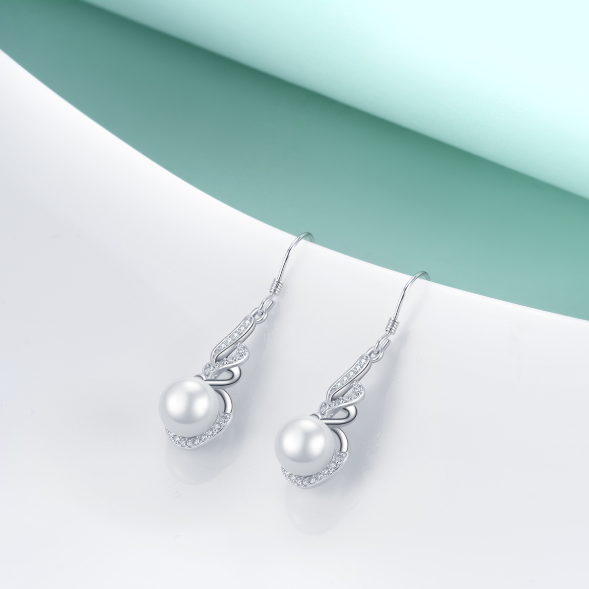 Sterling Silver Circular Shaped Cubic Zirconia & Pearl Angel Wings Drop Earrings-4