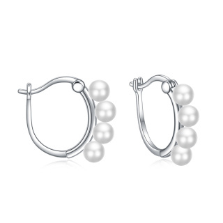 Sterling Silver Circular Shaped Pearl Bead Hoop Earrings-47