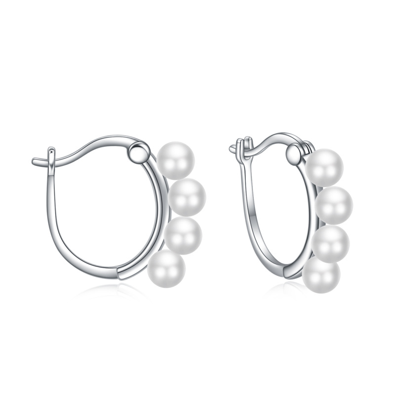 Sterling Silver Circular Shaped Pearl Bead Hoop Earrings