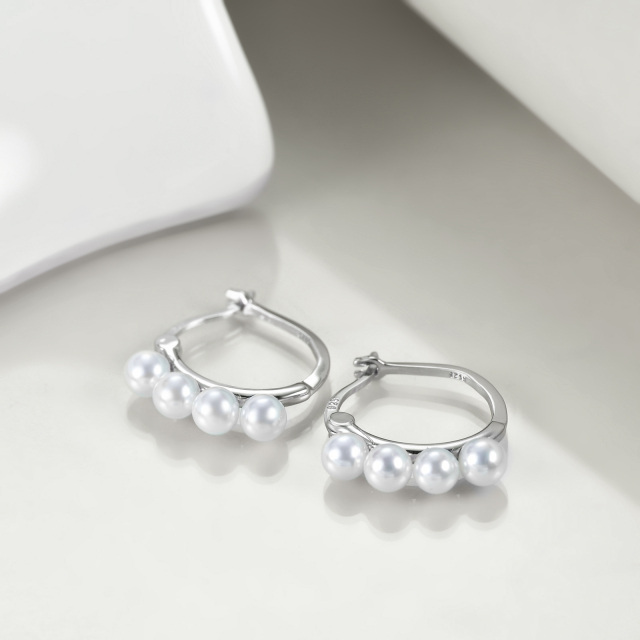 Sterling Silver Circular Shaped Pearl Bead Hoop Earrings-3