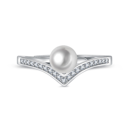 Sterling Silver Circular Shaped Lab Created Diamond & Pearl Custom Bead Ring 3EX IGI Certified