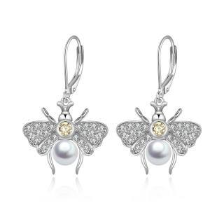 Sterling Silver Circular Shaped Pearl Bees Lever-back Earrings-55