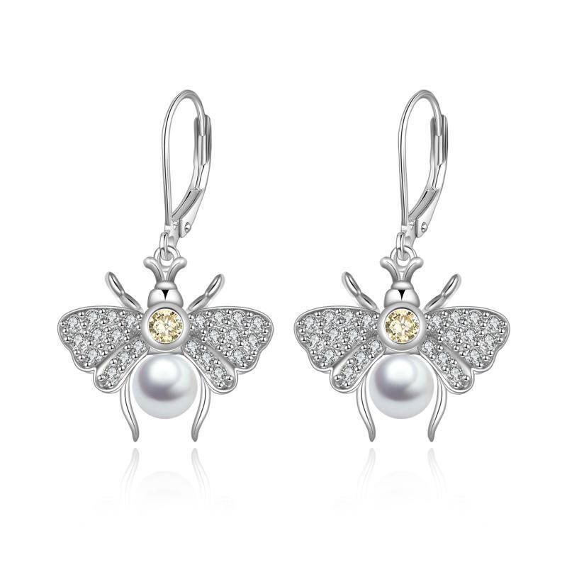 Sterling Silver Circular Shaped Pearl Bees Lever-back Earrings