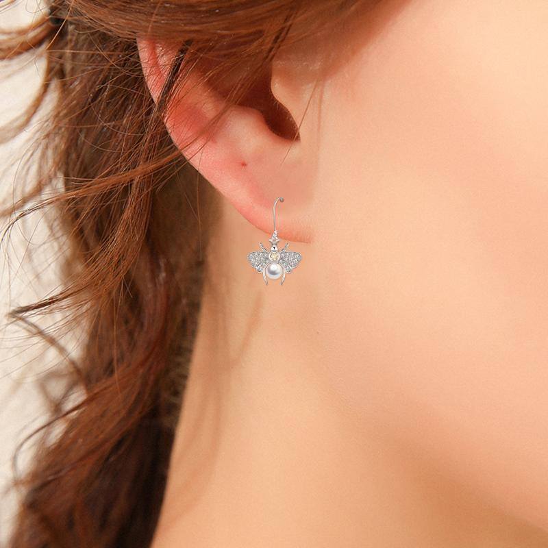 Sterling Silver Circular Shaped Pearl Bees Lever-back Earrings-2