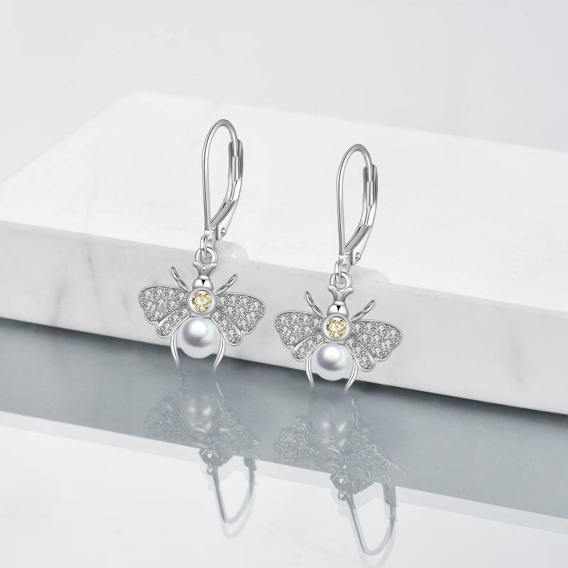 Sterling Silver Circular Shaped Pearl Bees Lever-back Earrings-3