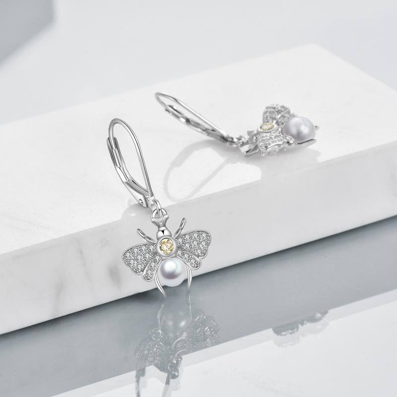 Sterling Silver Circular Shaped Pearl Bees Lever-back Earrings-4
